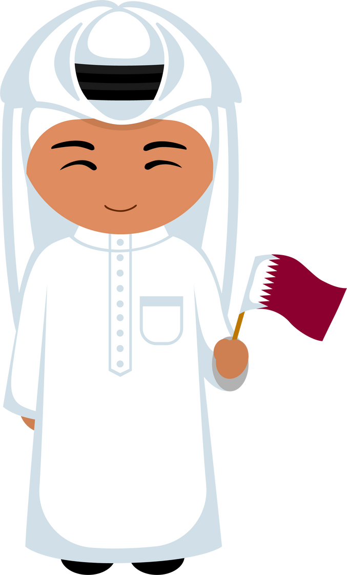 Man in Qatari national costume with flag.